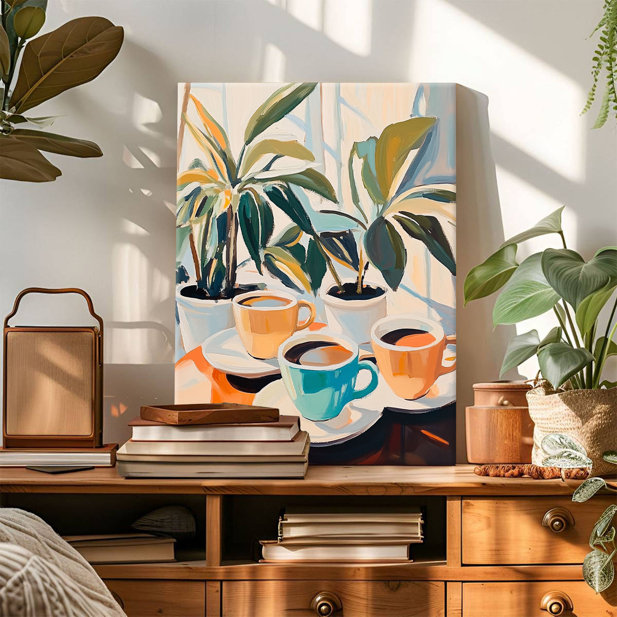 Colorful Coffee and Houseplants Modern Colorful Abstract Lifestyle Painting Wall Art
