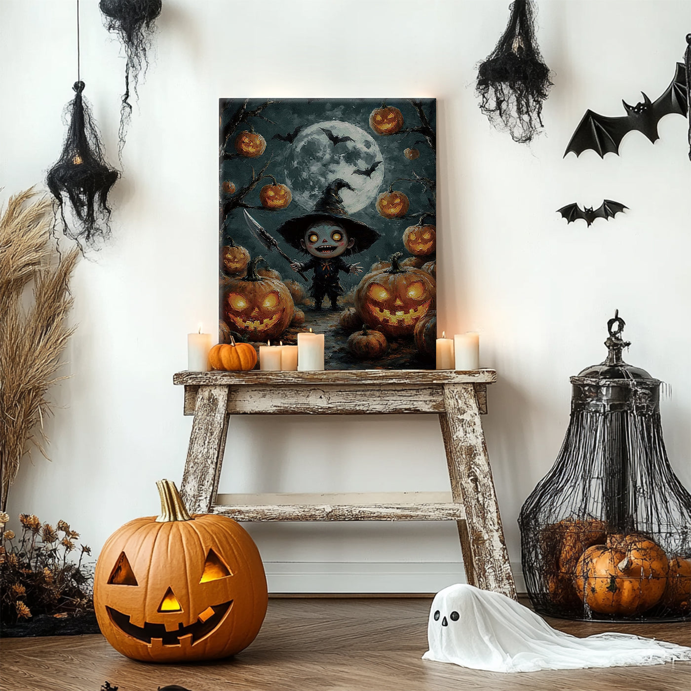 Little Pumpkin Witch Halloween Canvas Wall Art