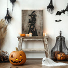 Floral Witch and Black Cat Halloween Canvas Wall Art