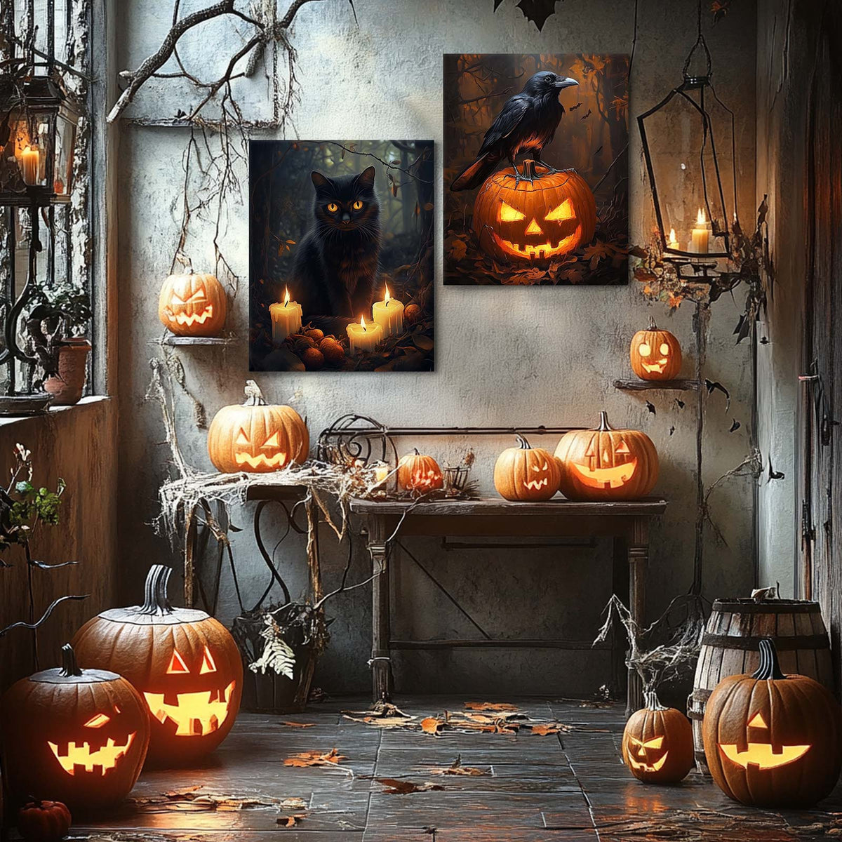 Enchanted Forest Black Cat Painting and Candles Halloween Wall Art