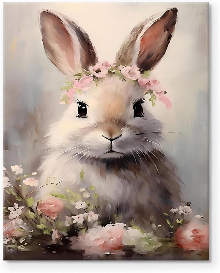 Floral Easter Bunny Canvas Wall Art, Bunny and Flowers Farmhouse Decor Cozy Easter Print Painting Spring Aesthetic Artwork, Holiday Gift Bedroom Living Room Decoration