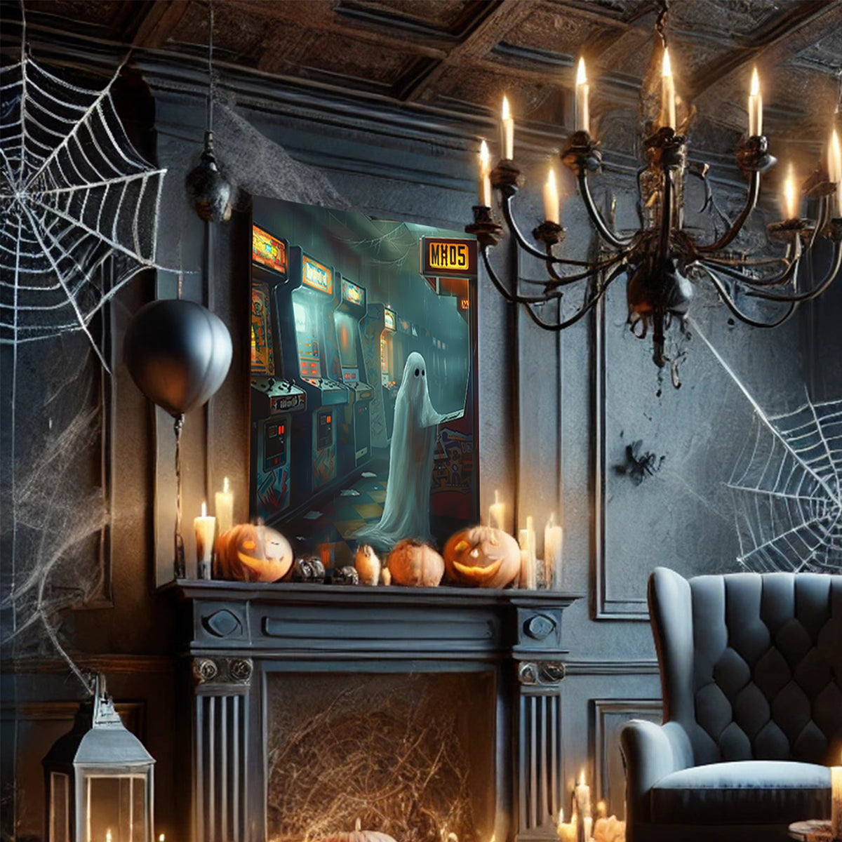 Haunted Arcade Ghost Halloween Canvas Wall Art