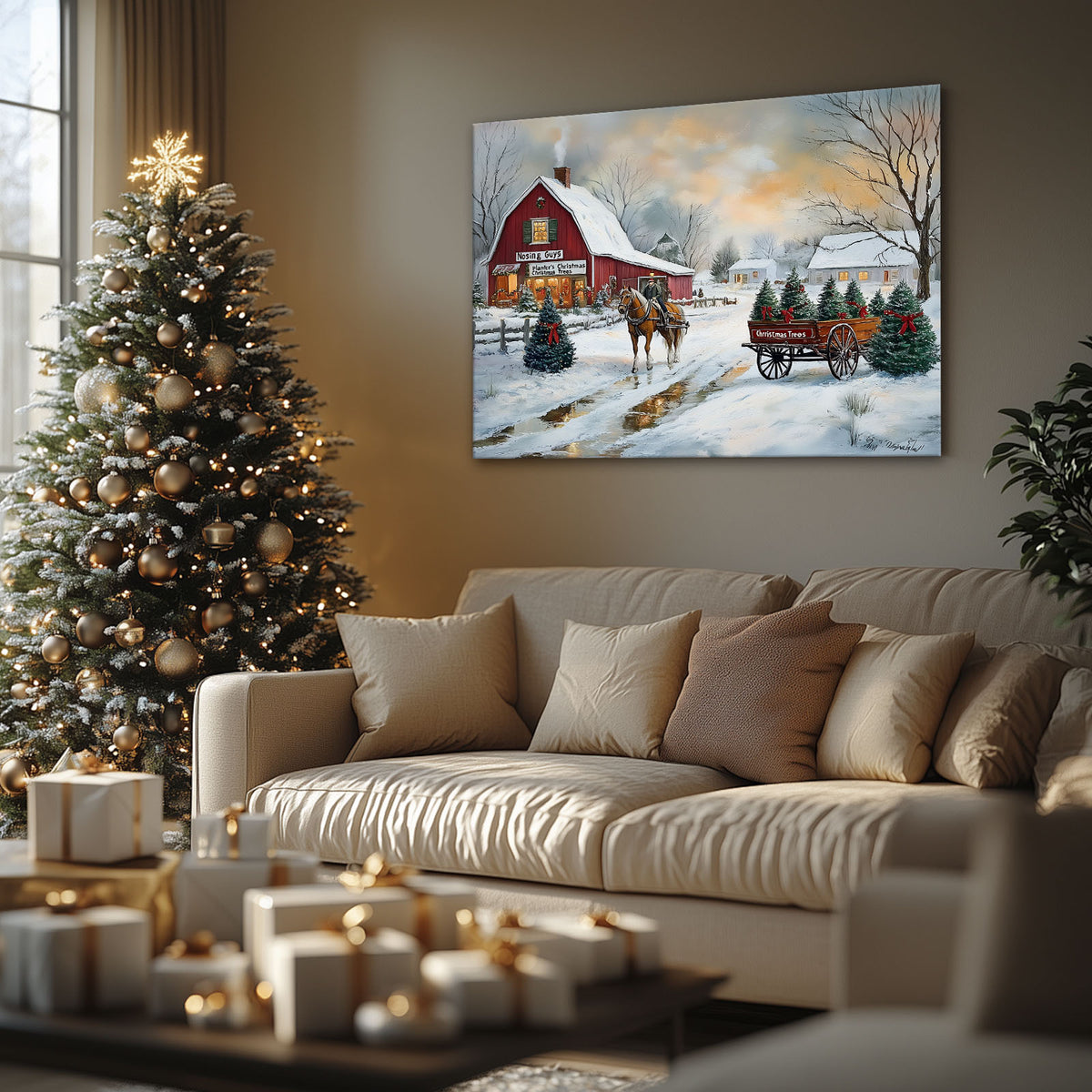 Christmas Tree Farm Canvas Wall Art, Snowy Rustic Farmhouse Landscape with Horse Cart Holiday Decor