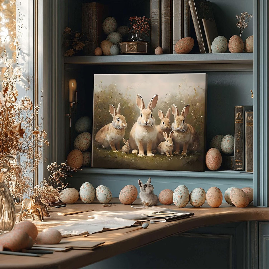Easter Grassland Rabbits Canvas Wall Art Adorable Hares Oil Painting Home Decor, Nature-Inspired Wall Decor Stunning Lovable Bunny Canvas Prints