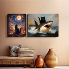 Black Cat Riding a Shark Whimsical Surreal Ocean Adventure Painting Wall Art