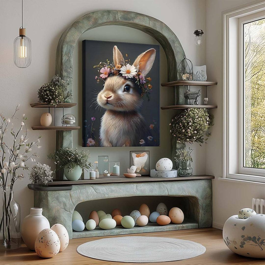 Easter Rabbit Framed Canvas Wall Art, Hare with Flower Crown Oil Painting Home Decor, Nature-Inspired Wall Decor Stunning Lovable Bunny Canvas Prints