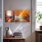Vibrant Autumn Forest Textured Orange Woodland Path Painting Wall Art