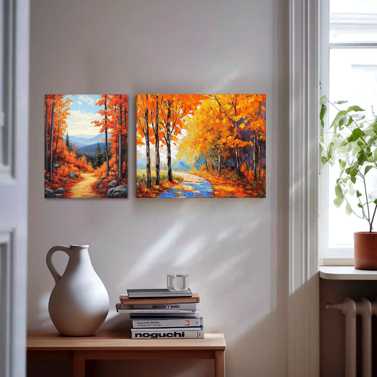 Vibrant Autumn Forest Textured Orange Woodland Path Painting Wall Art