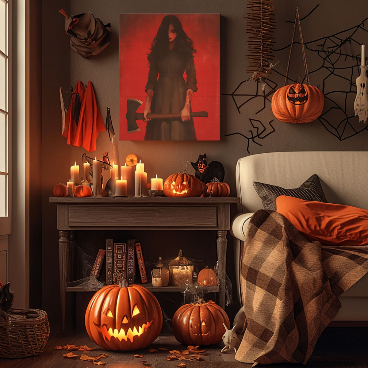 Female Horror Villain with Axe Dark Gothic Horror Portrait Painting Halloween Wall Art