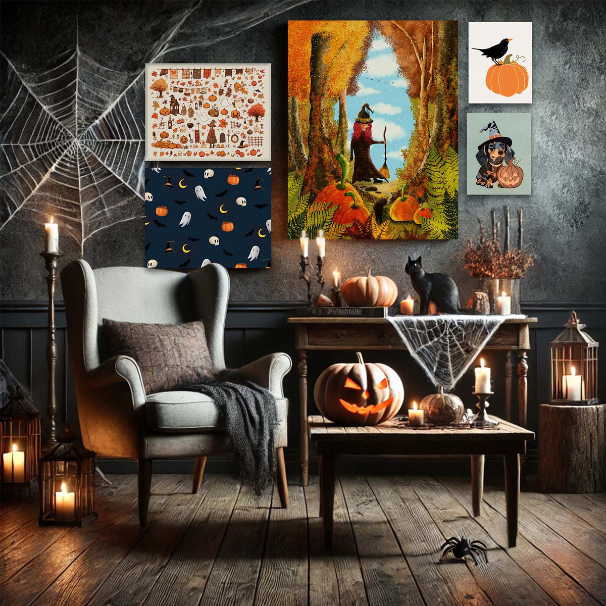 Cute Ghost, Bat and Pumpkin Pattern Illustration Halloween Ghost Wall Art