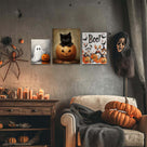 Halloween Boo! Animal Friends Canvas Wall Art – Cute Watercolor Dogs, Bats and Pumpkins Decor
