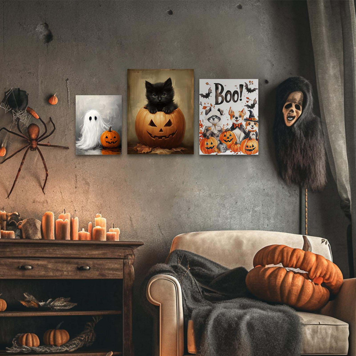 Halloween Boo! Animal Friends Canvas Wall Art – Cute Watercolor Dogs, Bats and Pumpkins Decor