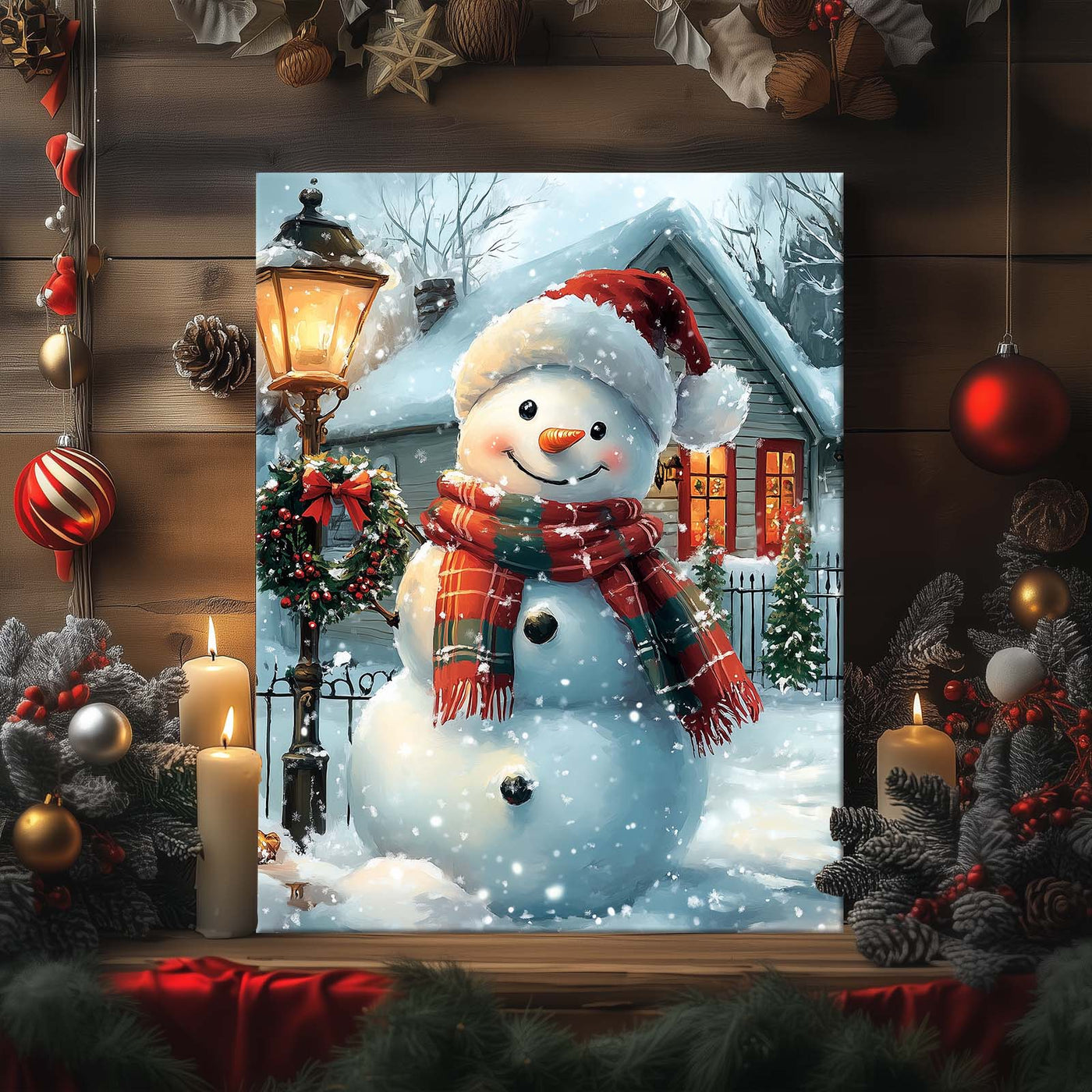 Cute Snowman Christmas Canvas Wall Art, Snowy Holiday House with Wreath and Lantern Decor