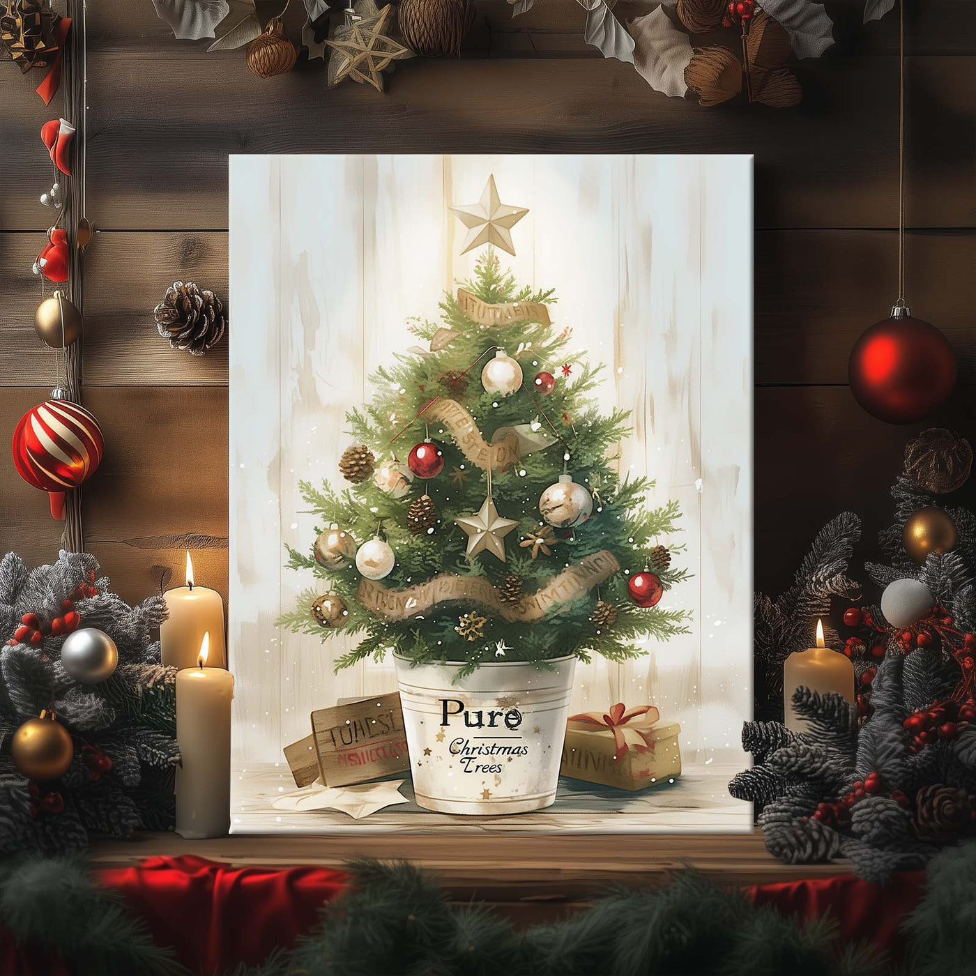 Small Christmas Tree Canvas Wall Art, Rustic Potted Christmas Tree with Ornaments and Gifts Holiday Decor