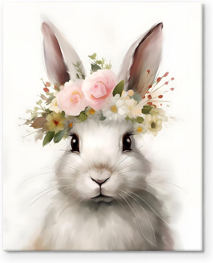 Easter Bunny Canvas Wall Art, Floral Bunny Farmhouse Decor Print Oil Painting Spring Aesthetic Artwork, Rustic Easter Charm Holiday Gift Bedroom Living Room Decoration