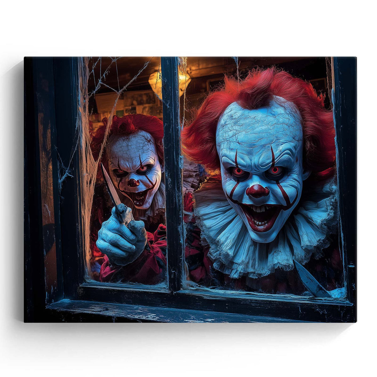 Creepy Clowns at the Window Halloween Canvas Wall Art – Dark Horror Party Decor