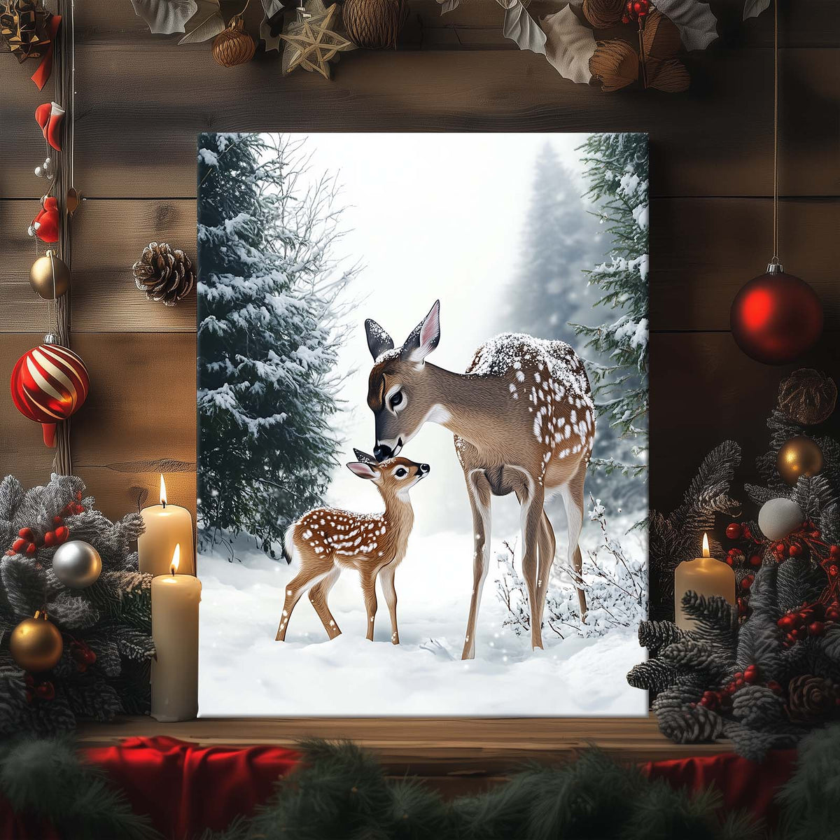 Mother and Baby Deer Winter Canvas Wall Art, Snowy Forest Wildlife Artwork for Living Room, Bedroom and Nursery