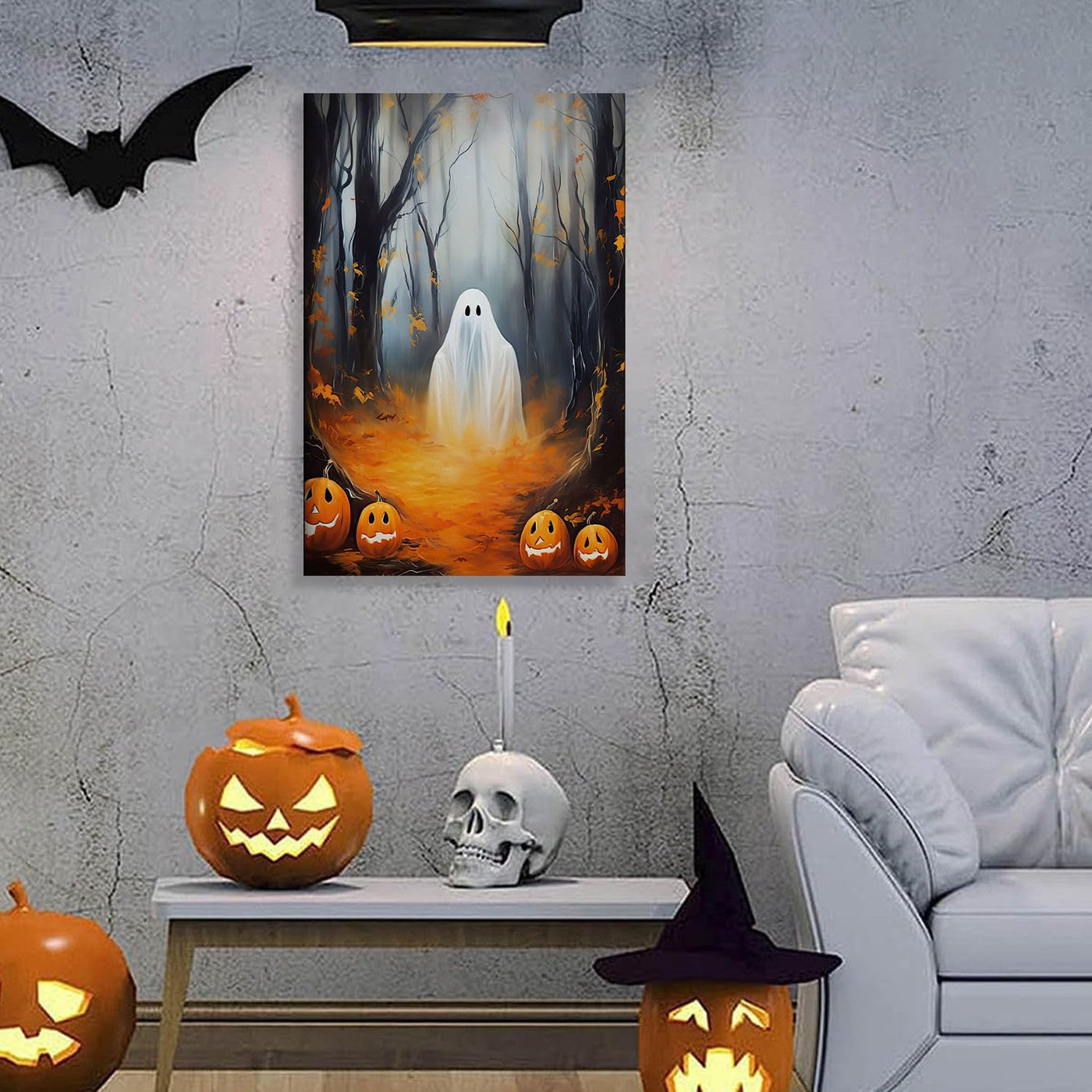 Halloween Wall Art Spooky Ghost In Pumpkin Garden Gothic Canvas Wall Art Dark Academia Ghost Poster Haunting Ghost Art Print for Fall Home Decor