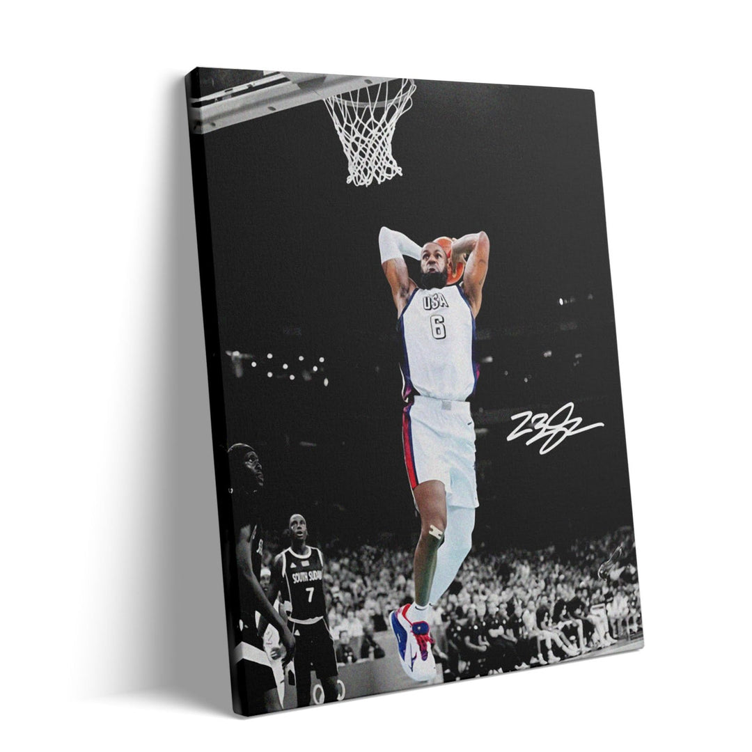 NBA Canvas Wall Art Decor - LeBron James Iconic Dunk for Team USA, Basketball Olympic Moment, Patriotic Sports Poster for Home