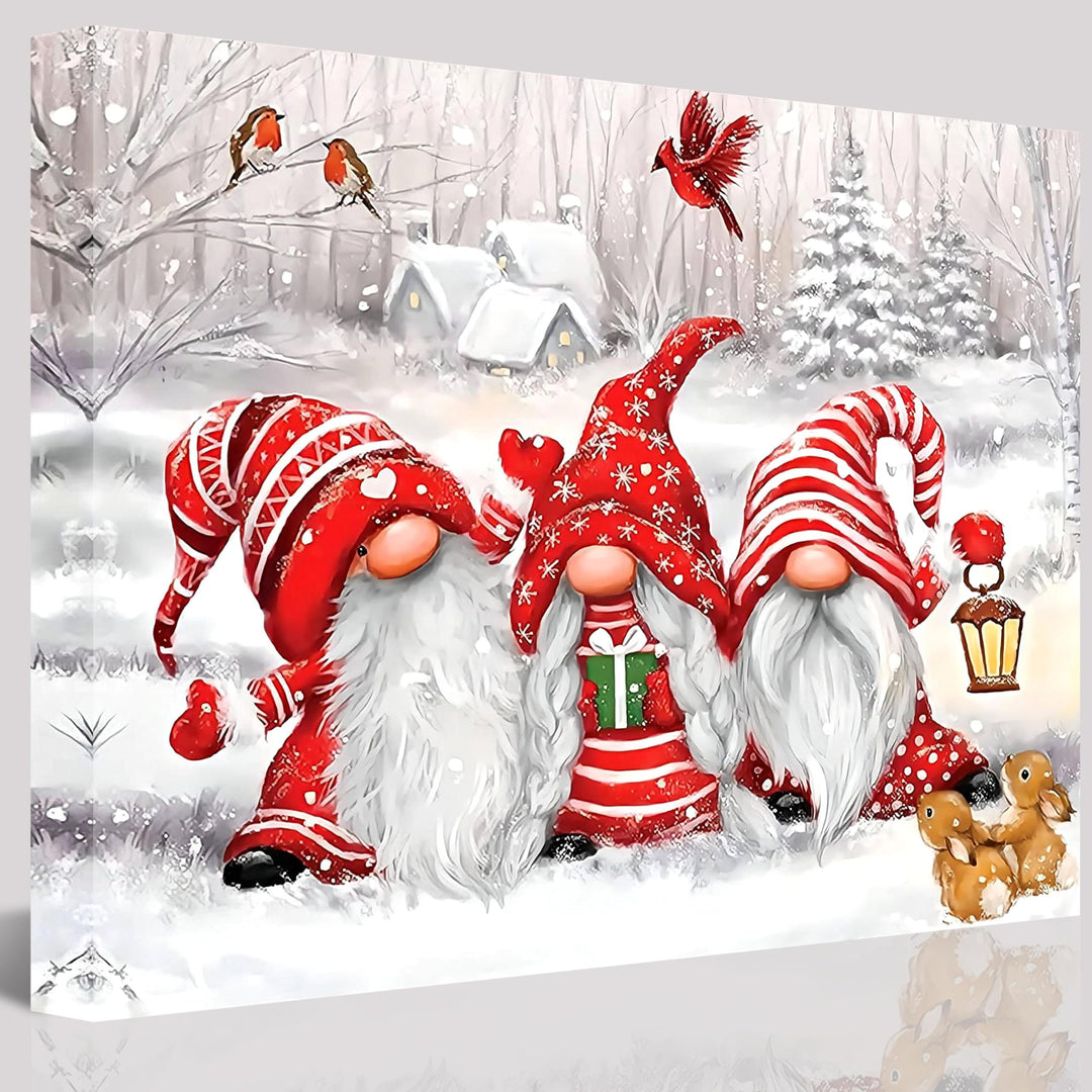 Winter Gnome Fantasy Canvas Wall Art Christmas Snow Scene Decor with Three Gnomes, Two Squirrels, and Three Birds for Living Room