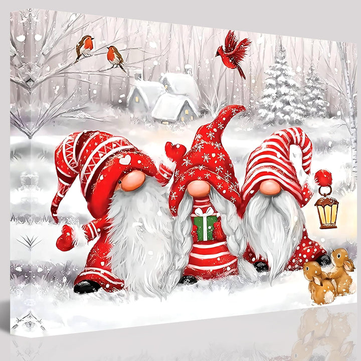 Winter Gnome Fantasy Canvas Wall Art Christmas Snow Scene Decor with Three Gnomes, Two Squirrels, and Three Birds for Living Room