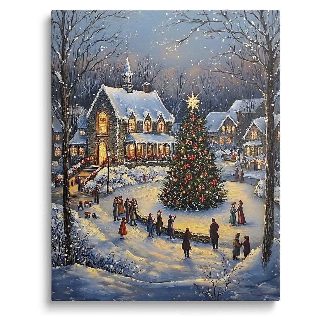 ART Christmas Canvas Wall Snowy Church and Tree Pictures Print Holiday Village Scene Festive Winter Wonderland with Lit Church and Christmas Tree Family Decor for Living Room Bedroom