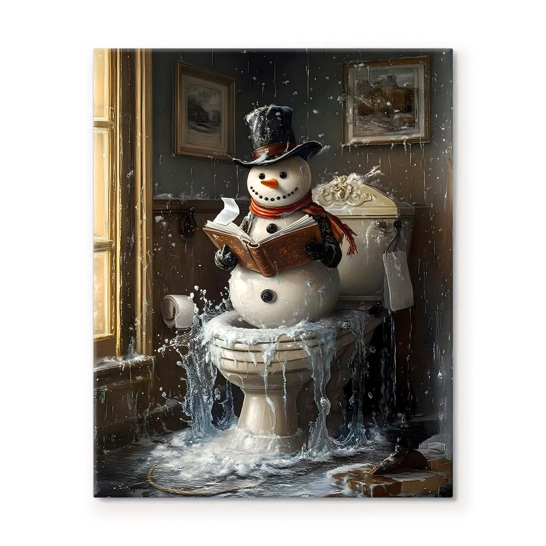 Sunwes Christmas Bathroom Wall Art Snowman Decor Snowman Reading on Toilet Icy Winter Humor Canvas Pictures Print Funny Christmas Wall Decor Artwork for Bathroom
