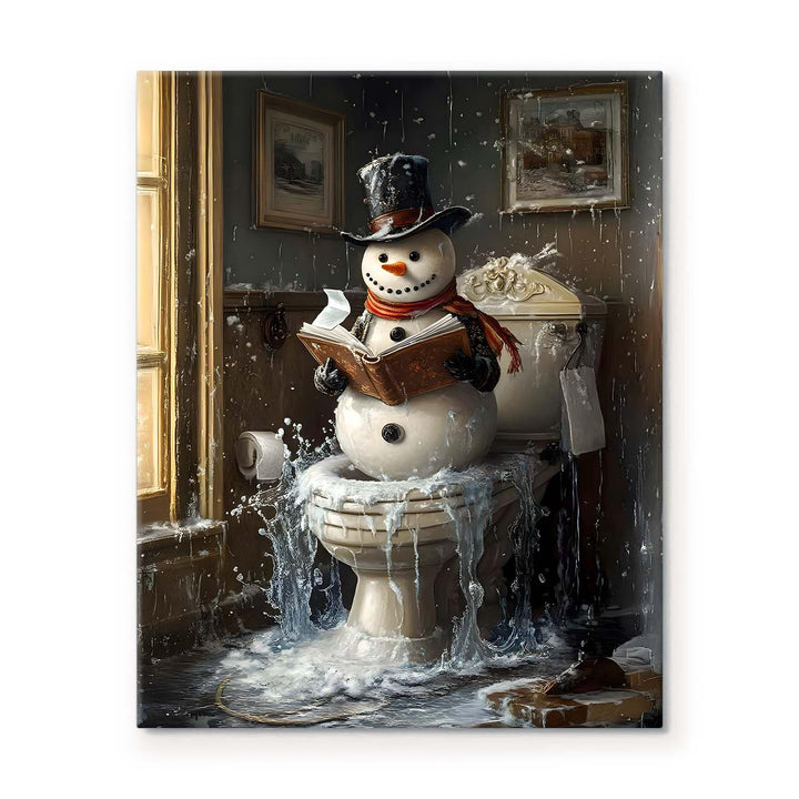 Sunwes Christmas Bathroom Wall Art Snowman Decor Snowman Reading on Toilet Icy Winter Humor Canvas Pictures Print Funny Christmas Wall Decor Artwork for Bathroom
