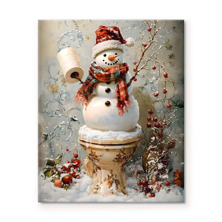 Funny Snowman Bathroom Wall Art - Christmas Toilet Snowman Paper Holder Canvas Pictures Print Poster Framed Artwork, Holiday Wall Decor Artwork for Bathroom or Living Room