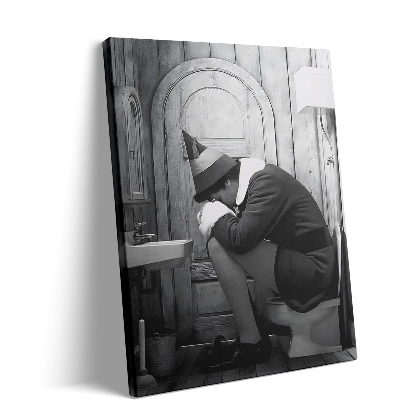Funny Framed Canvas Wall Art Bathroom Decor Black and White Comedy Elf Movies Poster Bathroom Oil Painting Modern Toilet Artwork for Living Room Dorm Wall Home Decoration