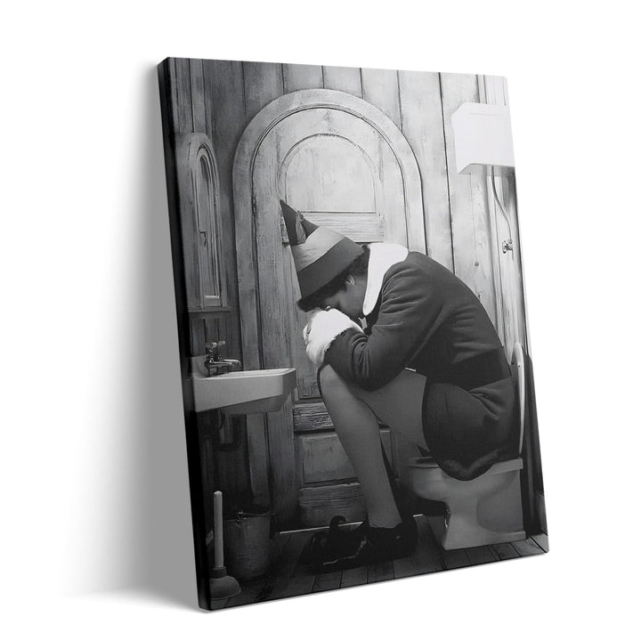 Funny Framed Canvas Wall Art Bathroom Decor Black and White Comedy Elf Movies Poster Bathroom Oil Painting Modern Toilet Artwork for Living Room Dorm Wall Home Decoration