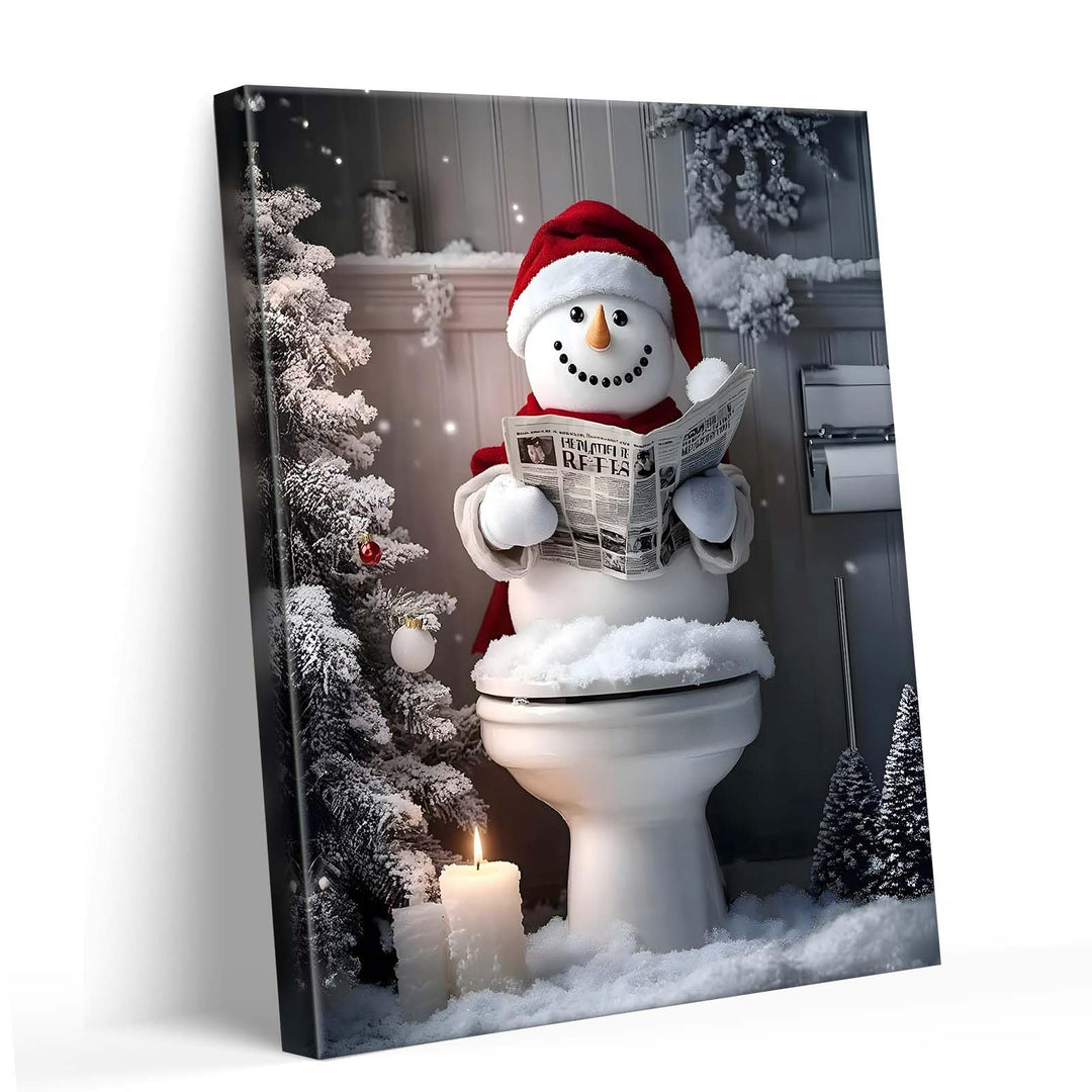 Sunwes Funny Snowman Bathroom Wall Art - Festive Holiday Humor Snowman Canvas Pictures Print for Bathroom Living Room Christmas Decor, Quirky Aesthetics Seasonal Wall Art