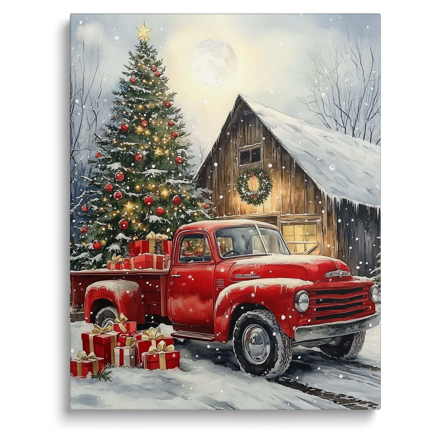 Rustic Christmas Farmhouse Canvas Wall Art, Snowy Barn and Country Holiday Decor