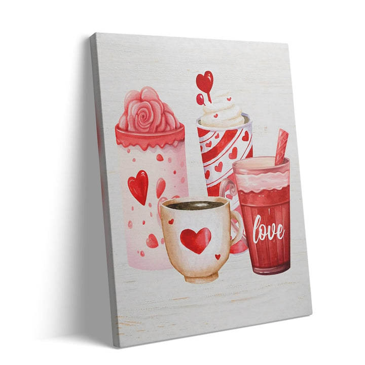 Valentine's Day Canvas Wall Art, Romantic Heart Mug and Sweet Drinks Print Poster Framed, Cozy Farmhouse Kitchen Decor, Love-Themed Wall Oil Painting Artwork for Holiday Decor