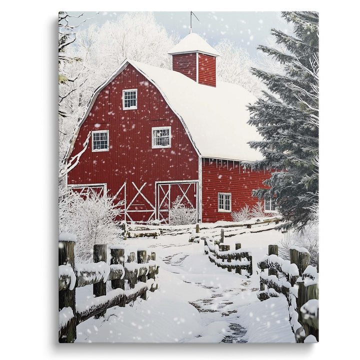 ART Christmas Canvas Wall Decor Festive Print, Red Barn Snow Scene Wall, Winter Farm Holiday Pictures Print Poster Framed Artwork for Living Room and Bedroom Décor