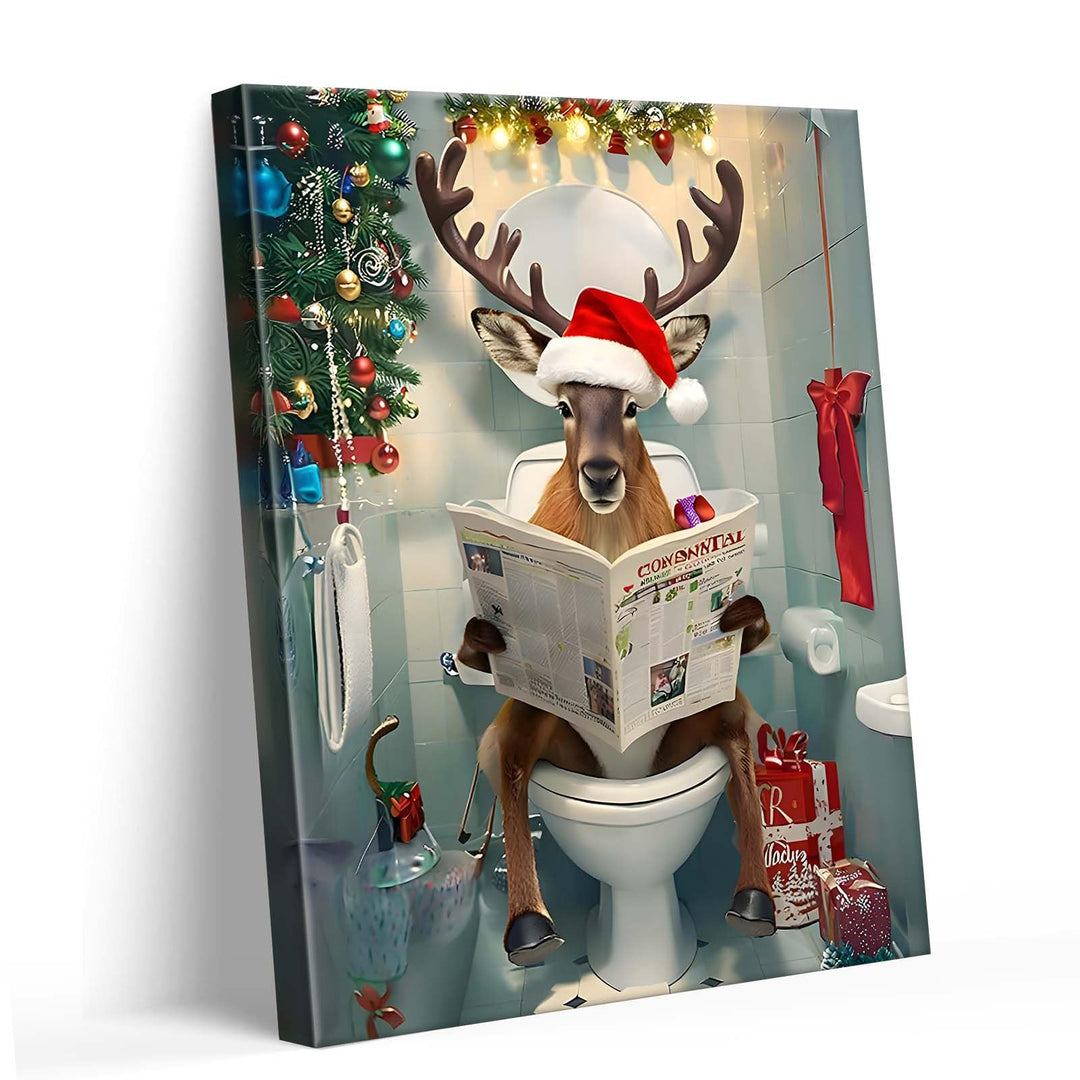 Christmas Bathroom Wall Art - Funny Reindeer Reading Newspaper Canvas Print Poster Framed Art, Festive Holiday Christmas Wall Decor Artwork for Bathroom or Living Room