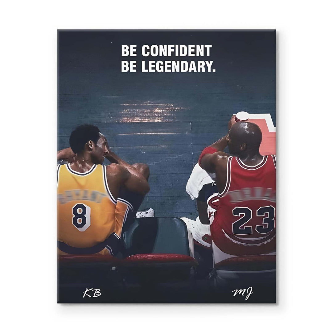 Kobe Bryant and Michael Jordan Canvas Wall Art – “Be Confident Be Legendary” Basketball Legends Duo Poster Print, Inspiring Sports Artwork for Home Office or Game Room Decoration