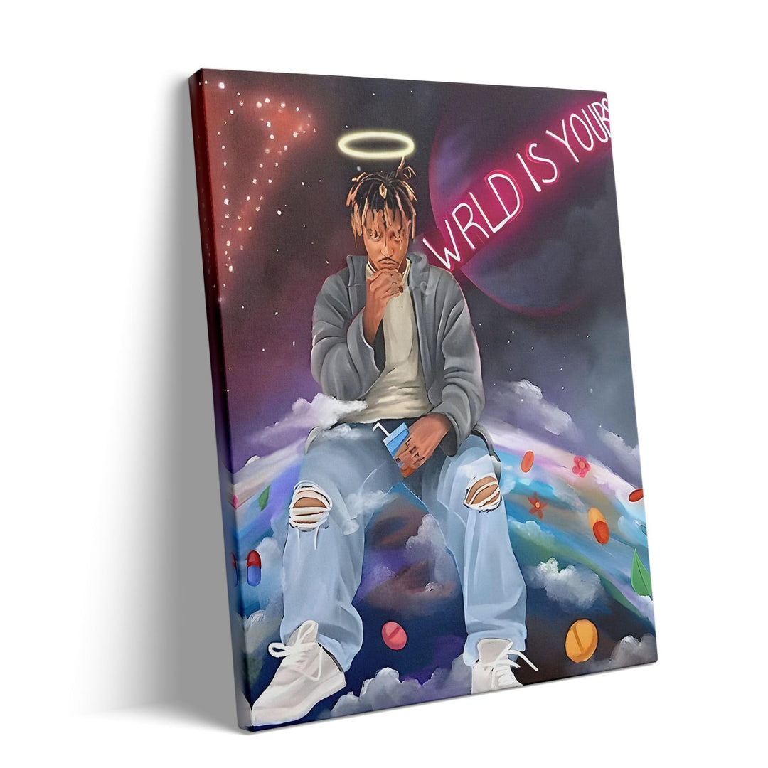 Juice WRLD Canvas Wall Art Pop Rapper Sitting on World Poster Cosmic Picture Artwork, Music and Galaxy Aesthetic Wall Decor for Living Room Bedroom Game Room Bar Studio