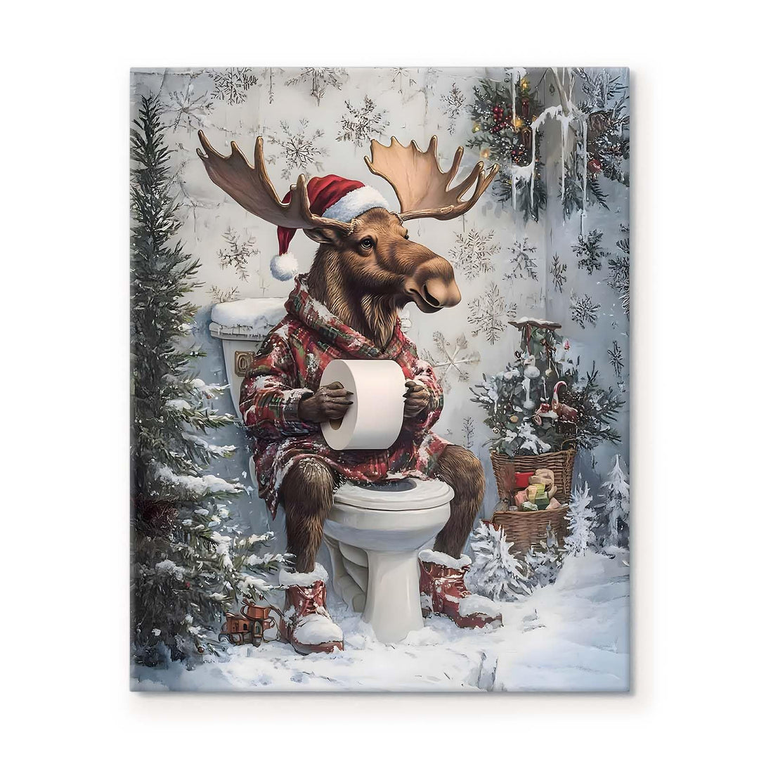Christmas Moose Print Decor - Funny Holiday Canvas Print with Santa Hat, Winter Scene, Festive Wall Decor for Bathroom or Living Room