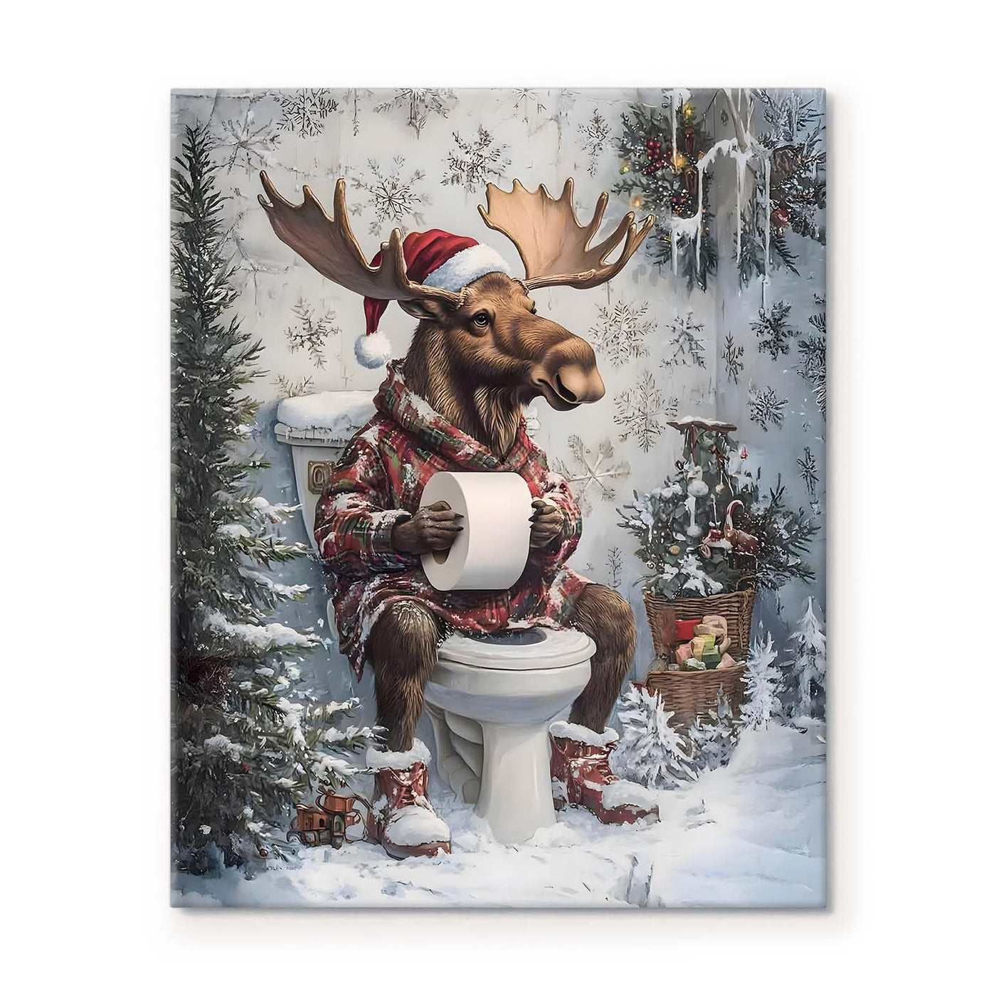 Christmas Moose Print Decor - Funny Holiday Canvas Print with Santa Hat, Winter Scene, Festive Wall Decor for Bathroom or Living Room