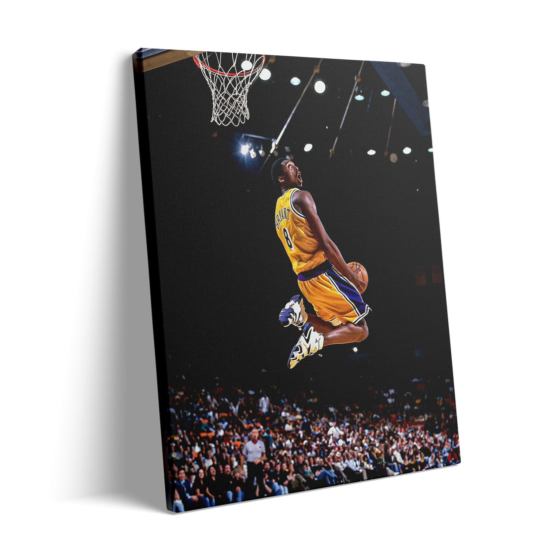 Kobe Bryant Canvas Wall Art Decor -Iconic Dunk Lakers No. 8 Action Shot, Basketball Legend Poster Print for Sports Fans, Dynamic Home and Office Wall Decor
