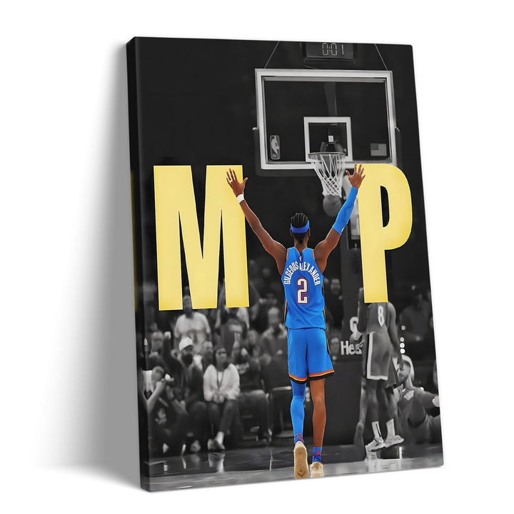 2025 NBA Finals MVP Canvas Wall Art Shai Gilgeous-Alexander Raising Hands Victory Poster Oklahoma City Thunder Back Pose Print Basketball Champion Wall Decor for Bedroom
