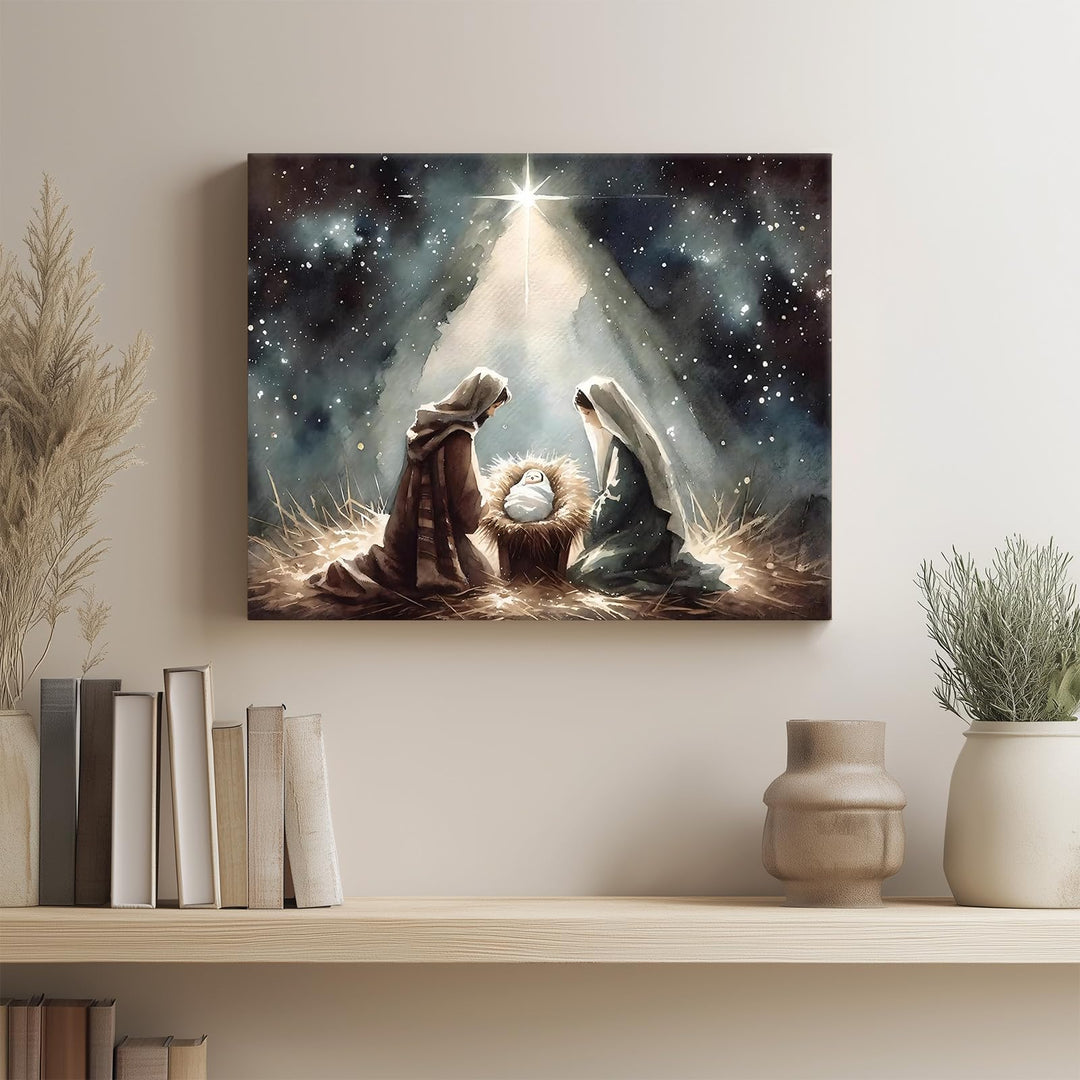 Beautiful Christmas Canvas Wall Art, Holy Family and Star Canvas Print Poster, Spiritual Nativity Christmas Oil Painting, Timeless Religious Artwork, Radiant Pictures Decoration