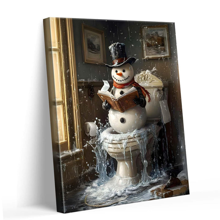 Sunwes Christmas Bathroom Wall Art Snowman Decor Snowman Reading on Toilet Icy Winter Humor Canvas Pictures Print Funny Christmas Wall Decor Artwork for Bathroom
