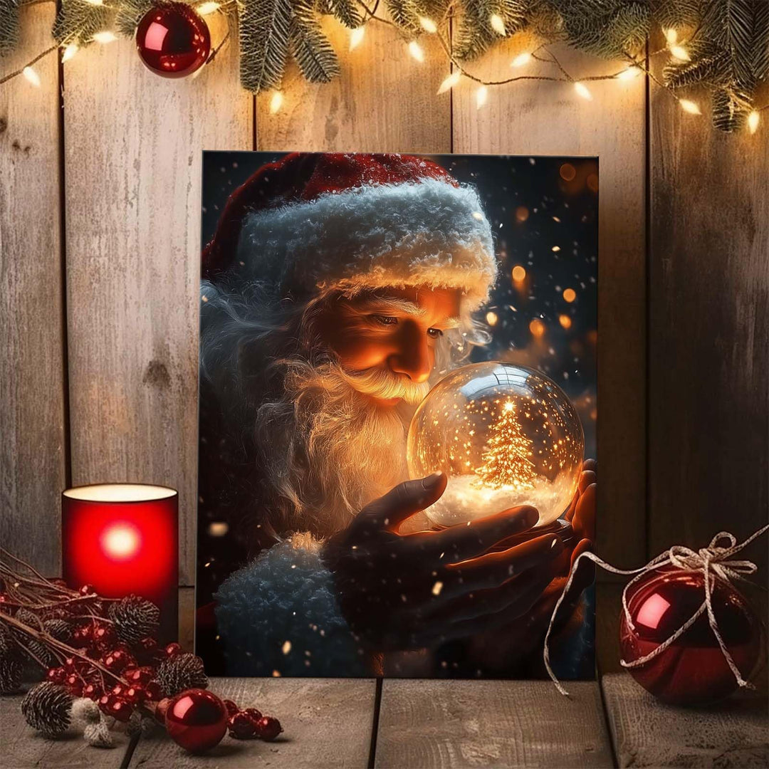 Christmas Canvas Framed Wall Art for Living Room Decor Classical Oil Painting Santa Claus & Crystal Ball Canva Poster Prints Wall Decoration Home Office Bedroom Bathroom Decor