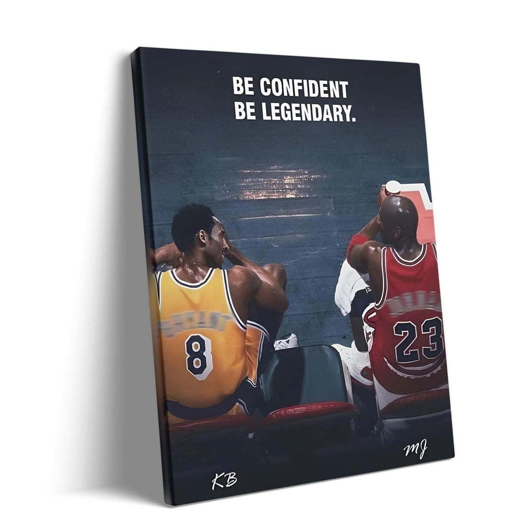 Kobe Bryant and Michael Jordan Canvas Wall Art – “Be Confident Be Legendary” Basketball Legends Duo Poster Print, Inspiring Sports Artwork for Home Office or Game Room Decoration
