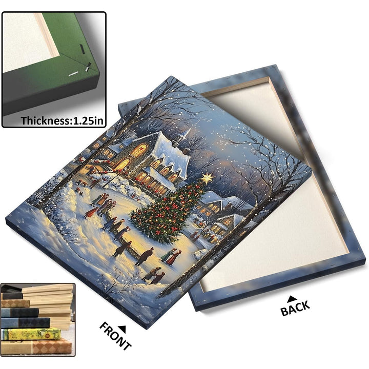 ART Christmas Canvas Wall Snowy Church and Tree Pictures Print Holiday Village Scene Festive Winter Wonderland with Lit Church and Christmas Tree Family Decor for Living Room Bedroom