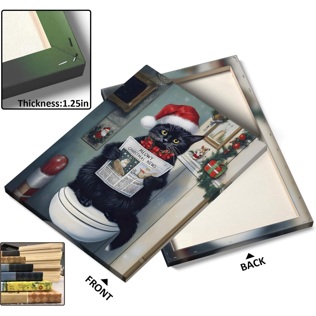 Christmas Bathroom Wall Art - Funny Black Cat Readeing Newspaper Humorous Canvas Print Santa Hat with "Meowy Christmas News," Festive Holiday Wall Decor Artwork for Bathroom or Living Room