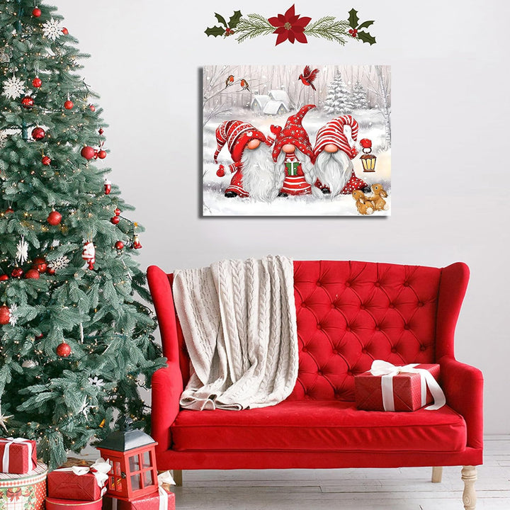 Winter Gnome Fantasy Canvas Wall Art Christmas Snow Scene Decor with Three Gnomes, Two Squirrels, and Three Birds for Living Room