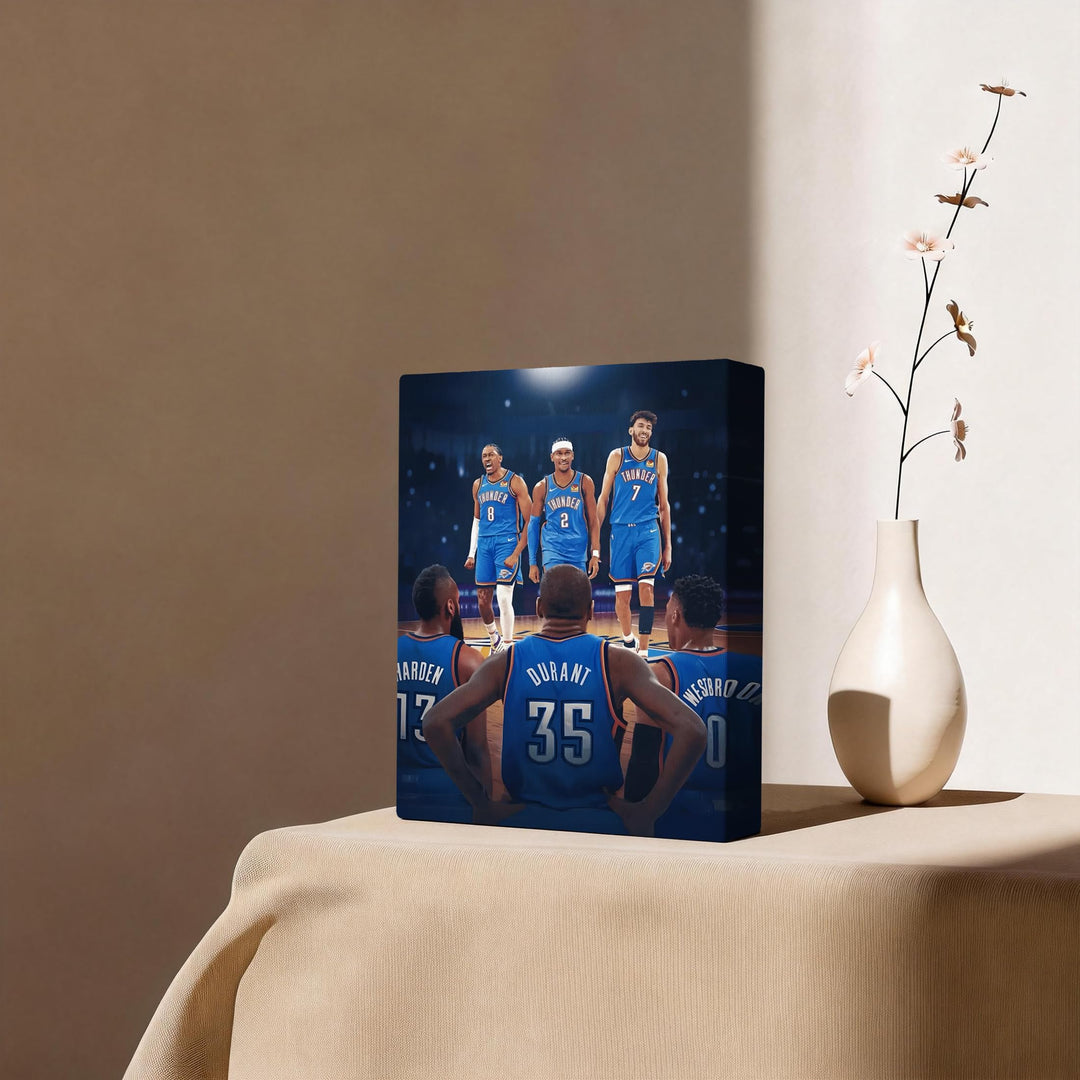 2025 NBA Western Conference Finals Canvas Wall Art, OKC Thunder Rising Stars vs Big Three Picture Print, Past Meets Present Basketball Poster Framed Painting for Bedroom